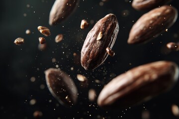 A captivating food scene is created by a dynamic cascade of cocoa beans with particles, which is a delicious ingredient used in desserts and beverages, falling onto a dark surface
