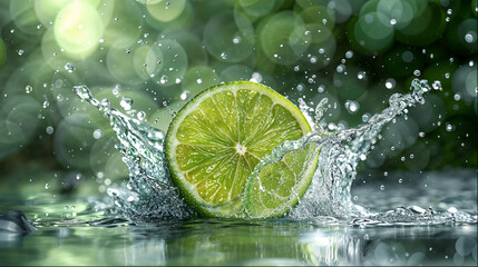 Fresh lime slice splashing into water with bokeh background, citrus freshness, summer drink concept.