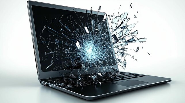 A shattered laptop screen displays the impact of a catastrophic failure.
