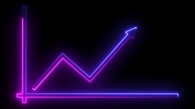 A sleek neon-style business graph icon animates with glowing lines rising upward, bars pulsing rhythmically, and dynamic gridlines forming, symbolizing growth, success, and futuristic analytics.