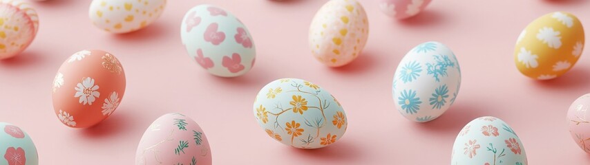 Fototapeta premium easter eggs festive decorations. Colorful Easter Eggs With Floral Designs Displayed on a Pink Surface for the Spring Holiday.