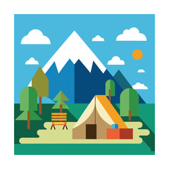 Colorful Flat Design Illustration of a Mountain Camping Scene
