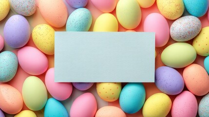 easter eggs festive decorations. Colorful Pastel Easter Eggs Display with Blank Card for Festive Greetings and Seasonal Celebrations.