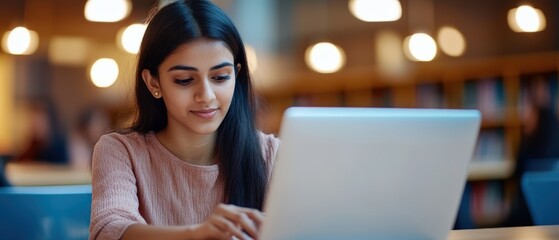 Focused young Indian student using laptop in a quiet campus library setting, deeply engaged with online academic resources, representing modern digital education and self-driven learning culture.