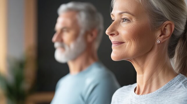 Vibrant mature couple exercising together at home, following digital fitness instruction on a tablet screen. Wellness and technology integration for healthy active aging and lifestyle balance.