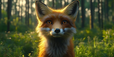 Fototapeta premium Red fox in forest at sunset.