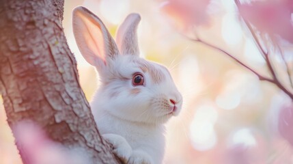 easter eggs festive decorations. Cute Rabbit Peeking from Behind Tree Trunk Surrounded by Blossoms in Springtime Setting.