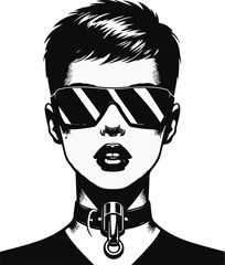 "Black vector headshot of a female raver from the 1990s, pixie haircut, cyber shades, whistle around neck, bold lip shape, clean minimal line art with sharp contours"