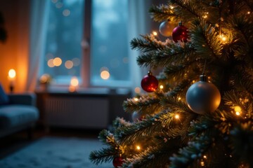 Snowflakes gently falling on a beautifully decorated Christmas tree in a darkened room illuminated by soft candlelight, snowfall, candlelight