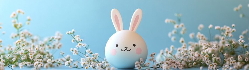 easter eggs festive decorations. Decorative Easter Bunny with Flowers on a Pastel Blue Backdrop for Holiday Celebration.