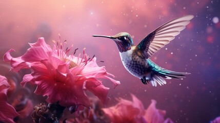 Fototapeta premium Hummingbird Flying Near Pink Flowers Delicate Bird with Vibrant Colors Nature Photography