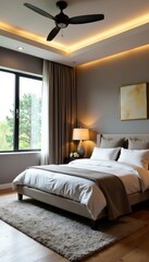 Relaxing atmosphere in a well-furnished bedroom featuring a stylish bed, sleek dresser, and elegant ceiling fan, dresser, ceiling fan, stylish