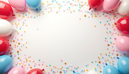 A festive arrangement of colorful balloons and confetti surrounds an open space, symbolizing the joy, creativity, and vibrant celebration of International Children's Day