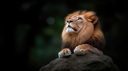 Majestic lion resting atop a rock, looking upward
