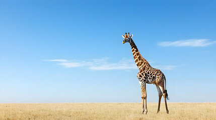 Obraz premium Giraffe Standing In Golden Grassy Savannah Under Clear Blue Sky