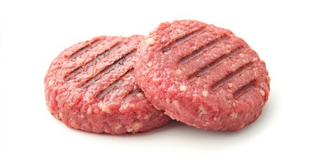 raw and grilled beef burger patties top view on white background