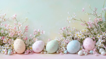 easter eggs festive decorations. Delicate Easter Eggs Amidst Gentle Blossoms a Springtime Harmony of Pastel Hues and Floral Elegance.