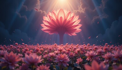 Serene blossom gathering event tranquil lotus field digital art vibrant nature aerial view spiritual awakening concept