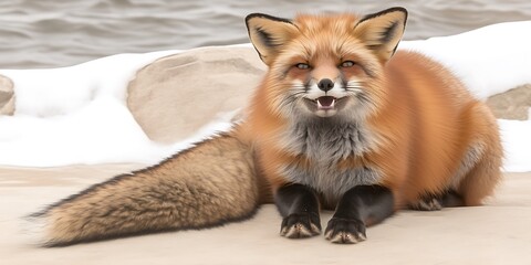Red fox resting on snowy beach.