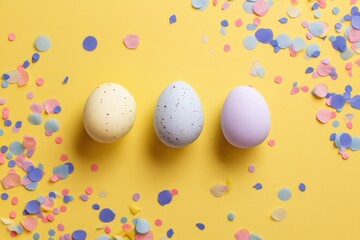 Three pastel-colored Easter eggs rest against a sunny backdrop, surrounded by a scattering of festive confetti. The image evokes the fresh, bright, and happy vibes of springtime.