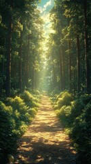 Fototapeta premium Sun-kissed trail through a serene and vibrant woodland in golden hour