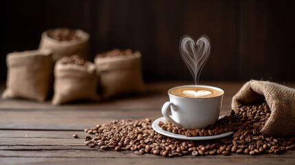 Coffee cup with heart latte art on wooden table with coffee beans