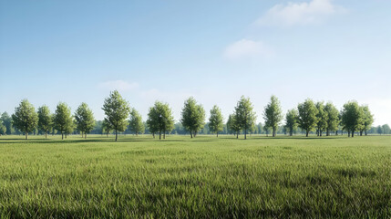 Fototapeta premium Row Of Trees In A Green Field Under A Blue Sky