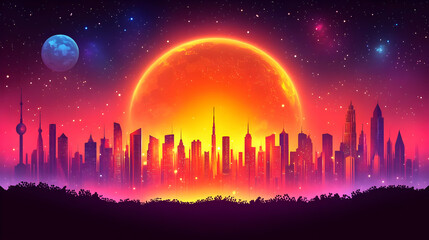 Vibrant Pixel Art Cityscape Featuring a Glowing Sun and Silhouetted Buildings Under a Starry Sky at Twilight