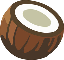 A half coconut, showcasing its brown shell and white interior.