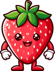 A cute, cartoon strawberry character with a happy expression.