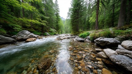 Obraz premium Restored Forest River Running Through Lush Greenery and Rocks