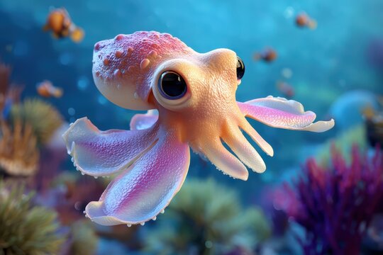 Realistic underwater scene featuring a pink dumbo octopus with large black eyes and delicate tentacles
