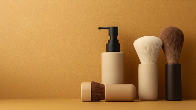 Beige And Brown Shaving Brushes And Soap Dispenser Set On A Cork Background