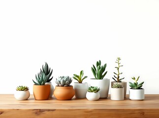 Fototapeta premium Small potted succulents creatively arranged on white wood with vibrant green textures and tones