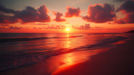 Vibrant Red Sunset Over Calm Ocean with Dramatic Cloudscape and Reflective Waves on Sandy Beach
