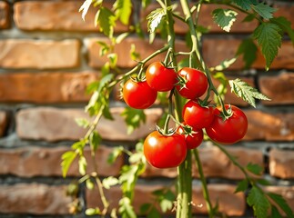 Obraz premium Ripe Red Cherry Tomatoes on Vine Against Brick Wall Background