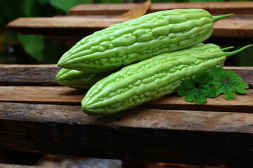 fresh bitter melon on a wooden surface
