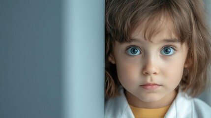 Child peeking out behind parent during exam, shyness and safety in medical settings