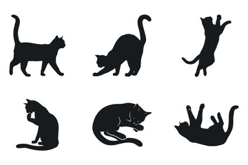 Six Black Cat Silhouettes In Various Poses On White Background Vector Illustration Collection
