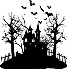 A spooky silhouette of a haunted house and trees.