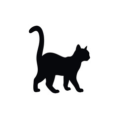 Black Silhouette Of A Walking Cat With Its Tail Up On White Background For Digital Use