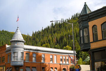The historic brick Insurance Building built in 1890 in the mountain mining town of Wallace, Idaho, in the North Idaho Panhandle.
