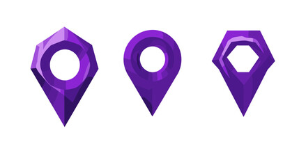 Three Purple Geometric Map Markers on White Background