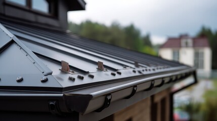 Obraz premium Examining a Dark Metal Roof and Gutter System of a House