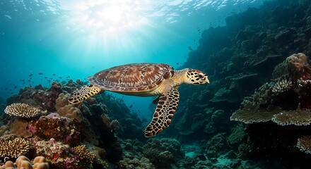 Obraz premium Hawksbill Sea Turtle Swimming Amidst Vibrant Coral Reef Under Sunlit Ocean Water