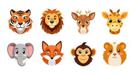 Jungle Animal Vector Bundle - Cartoon Tiger, Lion, Deer, Giraffe, Elephant, Fox, Monkey and Guinea Pig Illustration. Cute Wild Animals Collection for Kids Coloring Book. Zoo and Safari Animal Clipart.