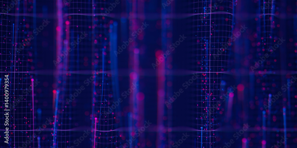 Poster abstract wavy flow of big data in cyber space. quantum computing information stream. digital pathway