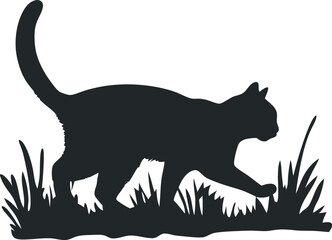 Silhouette Of A Cat Walking In The Grass Vector Illustration Simple Feline Design Pet Graphics Minimalist Art Domestic Animal