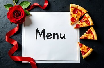 
The cover for the menu is on a black background, white paper, a frame of pizza slices and a red rose with a ribbon.