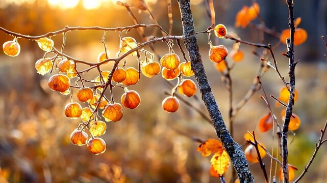 Autumnal scene featuring vibrant orange physalis fruits hanging from a branch at sunset